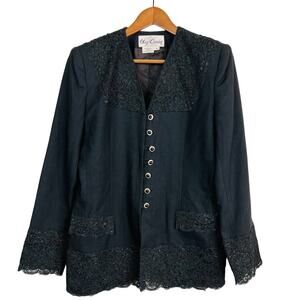 Vintage 80s Oleg Cassini Lace Blazer Black Trim Button Front Classic - 8